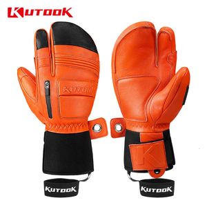 Ski Gloves KUTOOK Outdoor Skiing Goatskin Leather Mittens Waterproof thicken Snowboard Thermal Warm for Men Women 230904