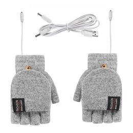 Gants de ski hiver demi-doigt double face USB chauffage lèvre couverture laine chaleur mitaines sans doigts 5V ski pêche gant chauffant 230830