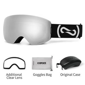 Skibril COPOZZ Magnetische winterskibril UV400 Bescherming Anti-condens Skibril Man Vrouw Doorzichtige lenskofferset Set Snowboardbrillen 230907