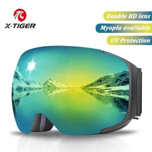 Skibril X-TIGER Skibril Magnetische vervangingslens Winterglas Dubbellaags UV400 Anticondens snowboardbril UV-beschermend skimasker 230907