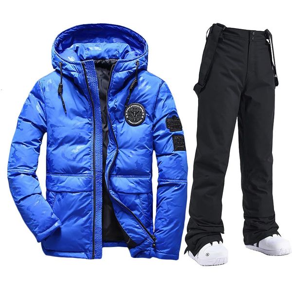 Ski Suit Men Invierno impermeable espesas en espesas cálidas con capucha con capas de viento a prueba de viento pantalones de nieve al aire libre