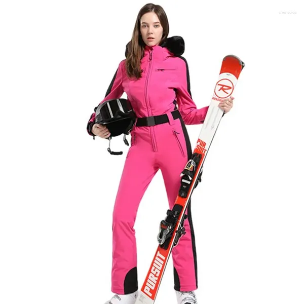 Vestes de Ski une pièce, combinaison de Ski pour femmes, vêtements de Snowboard, imperméable et chaude, combinaison d'hiver, combinaison avec col en fourrure