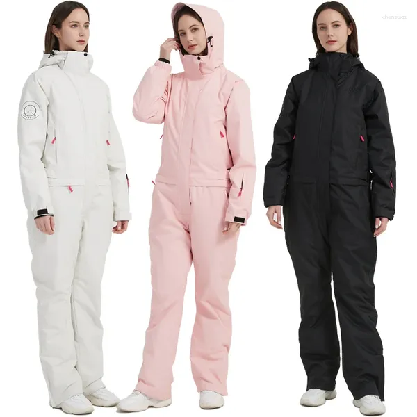 Vestes de Ski hiver à capuche femmes une pièce combinaison de Ski coupe-vent Sport femme combinaison en plein air femme neige costumes imperméable fille salopette