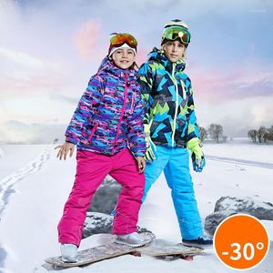 Ski -pakken -30 Winter waterdichte kinderen Snowboardsets Boy Girl Warm Jacket Pant Hooded Fleece Inside Suit kleding Tiener