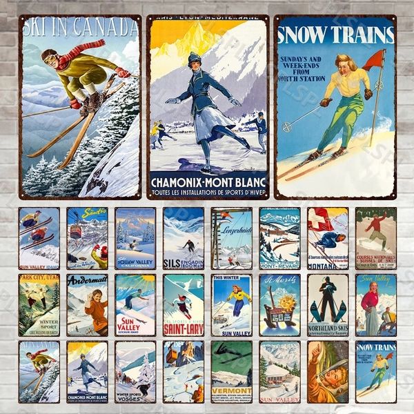 Ski Voyage Métal Tin Signs Les Alpes Ski Propaganda In Norway Verbier Cable Islande Paysage Poster Vintage Wall Decor Tin Plaques Man Cave Decor Taille 30X20CM w01