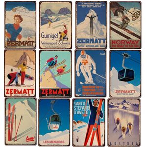 Skiing Travel Metal Tinnen Ski Propaganda Poster in Noorwegen kabel IJsland Landschap Vintage Wall Decor Tin Plaques Outdoor gepersonaliseerd bliksignaal 30x20cm W01