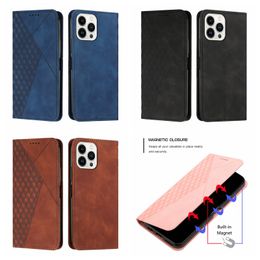 Skin Feel Cube Leather Wallet Case Voor iPhone 15 Pro MAX Plus Samsung M14 S23 FE A25 Redmi 12 Note 12S Xiaomi POCO F5 Kaarthouder Flip Cover Diamond Suck Magnetic Pouch