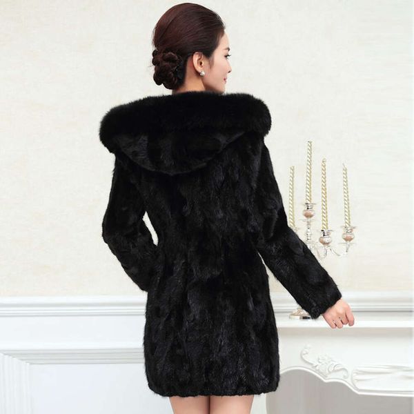 Abrigo de longitud media con capucha para mujer, cuello de pelo de zorro, piel de visón Haining, Otoño/Invierno, 696812