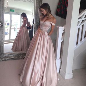 Huid roze sexy v-hals lange prom jurken off-the-schouder vloer lengte avond feestjurken elegante kralen formele prom jassen