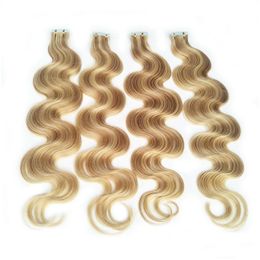 Extensions de cheveux de trame de peau Bande de couleur piano en 27/613 vague de corps haute lumière mélangée brun blond Remy humain 100 g/lot livraison directe produit Dhud5