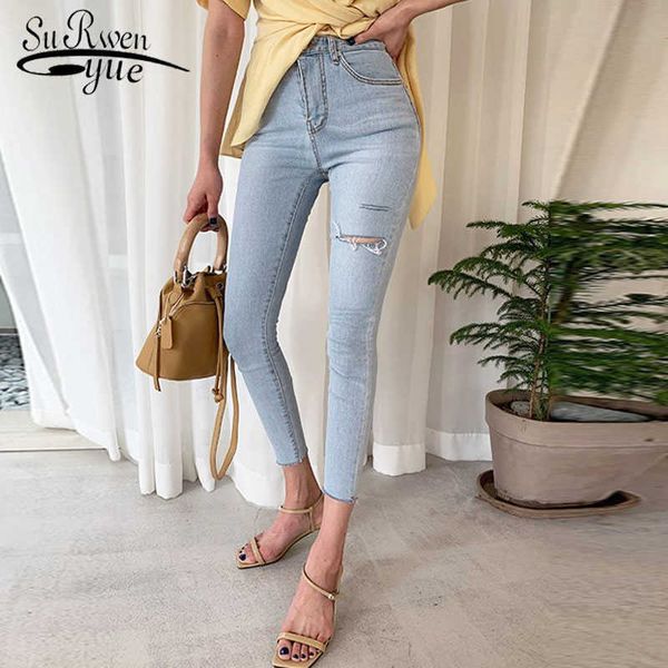 Skinny taille haute jeans femme automne vintage trou femmes jeans trou bleu blanchi coréen denim pantalon avec bouton 10503 210527