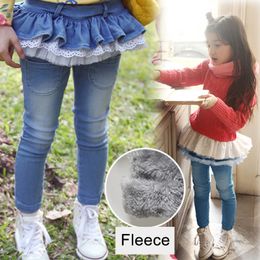 Skinny jeans voor meisjes winter kinderen ruches rok broek meisjes leggings dikke warme fleece jeans kinderen denim broek 7/8 jaar 210317