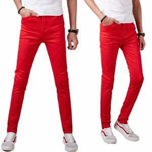 Jeans skinny hommes 2021 coréen Fi hommes streetwear pantalon crayon mince pantalon extensible décontracté vêtements rouges pour adolescents pantalons f2gg #