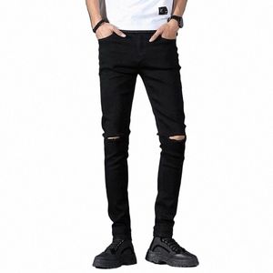 Skinny Jeans Mannen 2023 Nieuwe Mannelijke Zwarte Knie Gescheurde Gat Kleine Voeten Broek Elasticiteit Afslanken Hip Hop Denim Broek X9hR #