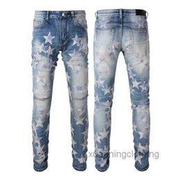 Skinny Jeans Men Black gescheurde man Designer Mens Rip Denim Star Patches rechte poot Zipper Fly Fashion Lange broek Rock Gray White Biker Klrg