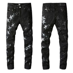 Jeans skinny hommes noirs en déchirure jeans designer homme rip denim étoiles patchs raies zipper trou de mouche de mouche