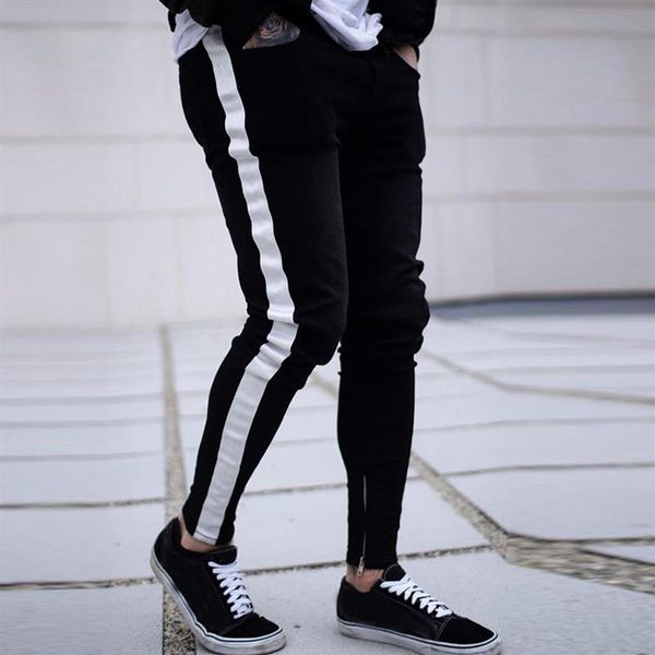 Jeans skinny hommes Hip Hop rayure élastique coupe ajustée Denim pantalon mâle extensible crayon bas rue genou déchiré trous Jeans 2019234J