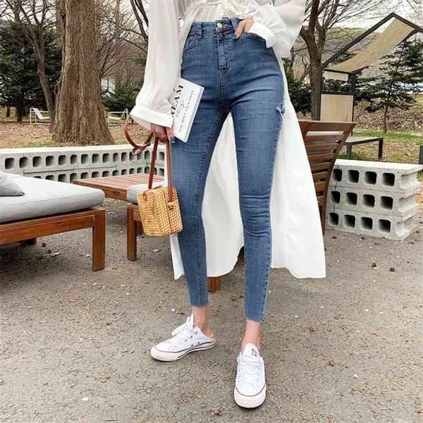 Jeans skinny Femme Style Coréen Bleu Leggings Trou Serré Crayon Pantalon Jeans Taille Haute Denim Cheville Longueur-Pantalon 756F 210420