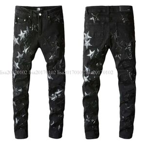 Skinny Men Black Ripped Man Jeans Designer Mens Rip Rip Denim Star Patches Straight Jame Zipper Hole Fashion Long Hip Hop Pantal