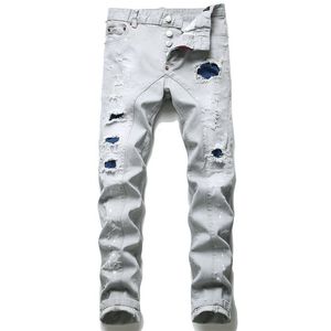 Skinny Rip Jeans Hommes Designer Casual Cowboy Pantalon Gris Bleu Lavage Clair Slim Fit Pantalon Extensible avec Peinture Printemps Été Boyfriend Hiphop Wear