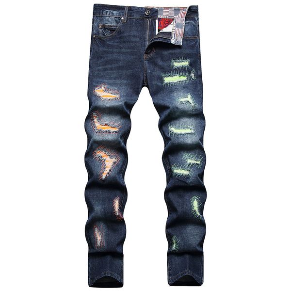 Skinny Ripped Patches Jeans Slim-fit Men' Casual Beggar Pants Fashion Street Style Denim Pantalons