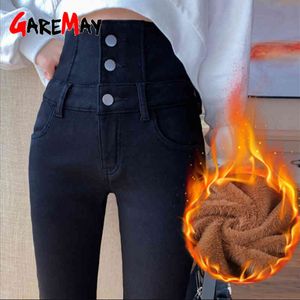 Skinny warme vrouwen jeans met hoge taille casual fluwelen dames broek vrouwelijke knop lift billen potlood moeder plus maat 210428