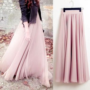 Rok 2022 Bohemen Lange Rokken Vrouwen Stretch Hoge Taille Effen Chiffon Aline Rok Casual Geplooide Maxi Rok Faldas Saias Streetwear