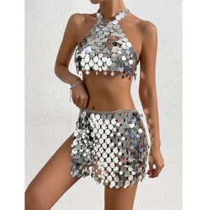 Falda 2022 recién llegado espejo cuerpo cadena Halter Crochet Top plata lentejuelas disco borla Mini faldas 2 piezas conjunto a juego