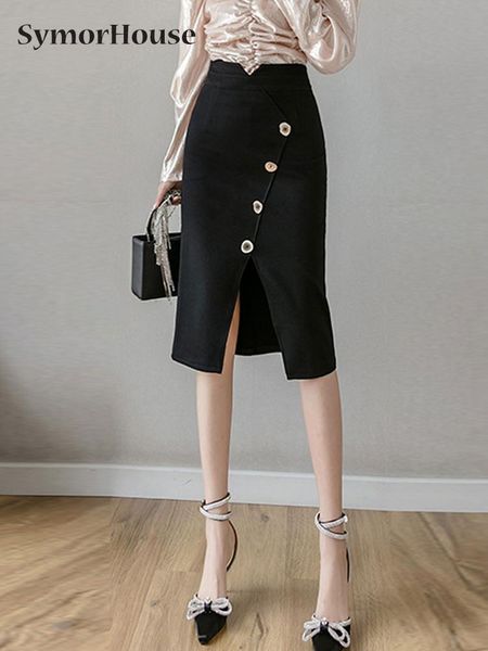 Jupe 2022 Été élégant sexy solide kaki noire bouton jupe femmes hautes taies élastique bodycon midi slip slip kirts femelle