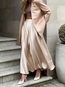 Falda 2023 Otoño Invierno elegante falda Midi de satén liso de cintura alta para mujer vestido de baile suelto falda larga acampanada para mujer