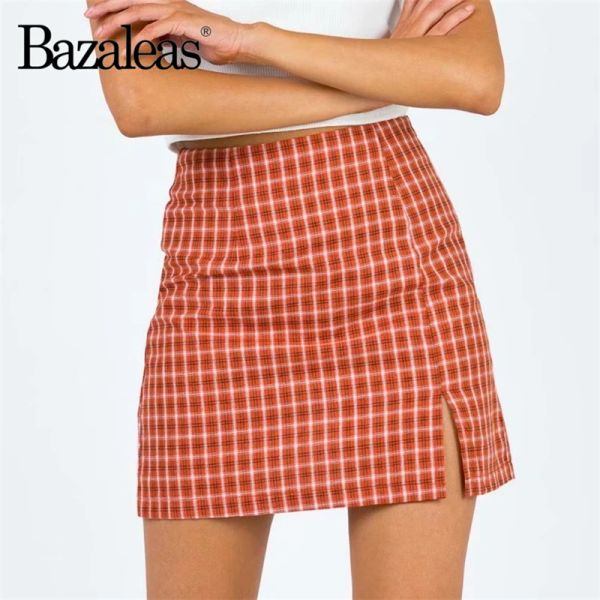 Jupe 2023 bazaleas magasin traf jupes crayon Sexy Tartan rouge une ligne jupe Vintage fendu mini jupe femmes vêtements officiels