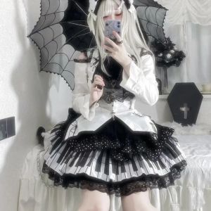 Rok 2023 Harajuku Subcultuur Retro Lolita Lace Edge Pittig Meisje Goth Rok Vrouwen Punk Y2K Zwart Wit Pianotoetsen Dot gezwollen Mini Rok