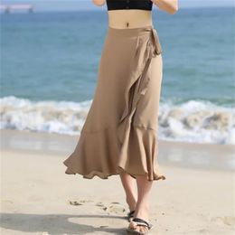 Rok 2023 Zomer Women 'Chiffon Ruffle Long Rok Hoge taille onregelmatige verstelbare Maxi Rooks Spring Office Skirts Plus Size 5xl 7XL