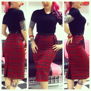 Rok 35 Vrouwen Vintage 50s High Taille Wiggle POUNTROOM ROOK IN RODE TARTAN PINUP SAIA PLUS SIET SEMISHEER FALDAS Classic Rooks