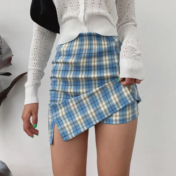 Jupe 5 couleurs nouvel été Harajuku uniforme femmes jupe détails fendus Plaid Mini jupe avec sous short Mini jupe