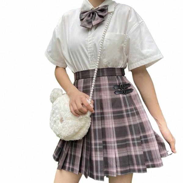 Falda y top Conjunto de dos piezas Blusas de mujer Camisa coreana Harajuku Enviar gratis Bowtie JK Cintura alta Mini Faldas a cuadros sexy Traje de mujer x4fX #
