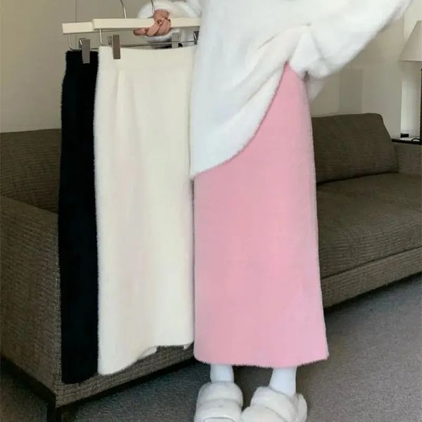 Jupe d'automne hiver à fourrure tricote à jupes longues femmes vison cachemire haute taille intage droite jupe crayon élégant coréen Jupe t789