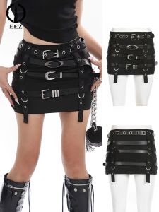 Jupe Mini jupe noire avec ceintures en PU Y2k gothique taille basse, jupe super courte sexy pour femmes des années 2000 style punk coquette tenues streetwear