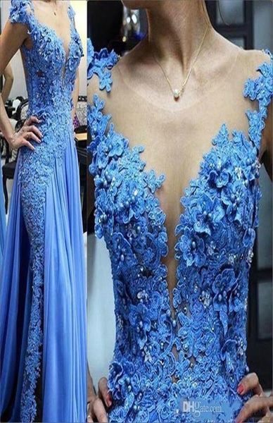 Jupe bleu applique perles Plus taille paillettes robe de soirée de soirée manche de casquette transparente