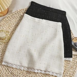 Jupe Bright Silk Tweed Jirts Femmes Elegant Vintage Office Mini jupe Patchwork Jupe en laine en lace