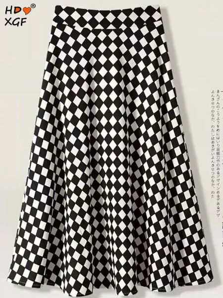 skirt Casual noir blanc damier grande taille 5xl jupe parapluie femmes élastique taille haute Aline jupe plissée Allmatch jupes longues