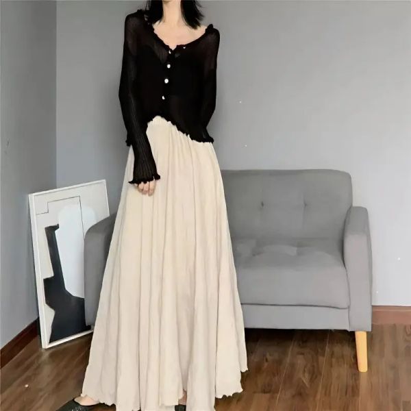 jupe Coton Lin Jupe Taille Élastique 2023 Printemps Automne Style Coréen Double Couche grande taille Jupe Longue À Volants jupes longues pour les femmes