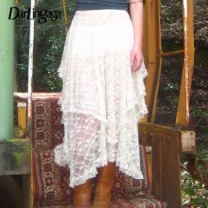 rok Darlingaga Vintage Boho Franje Y2K Laagbouw Kanten Rok Vrouwelijke Mode Onregelmatige Ruches Ruches Zomer Lange Rok Transparant Nieuw