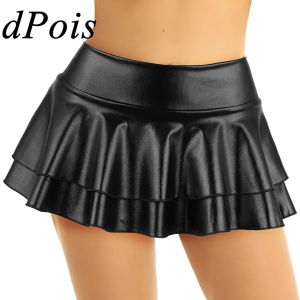 jupe DPOIS Femmes Brillant Métallisé Plissé Mini Jupe Adulte Taille Basse Jupes Élastiques À Volants Costume De Danse Rave Carnaval Festival Vêtements