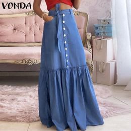 jupe Élégant Denim jupes femmes taille haute Aline jupe 2022 VONDA Vintage plissé fête longue Maxi jupes Faldas De Mujer surdimensionné