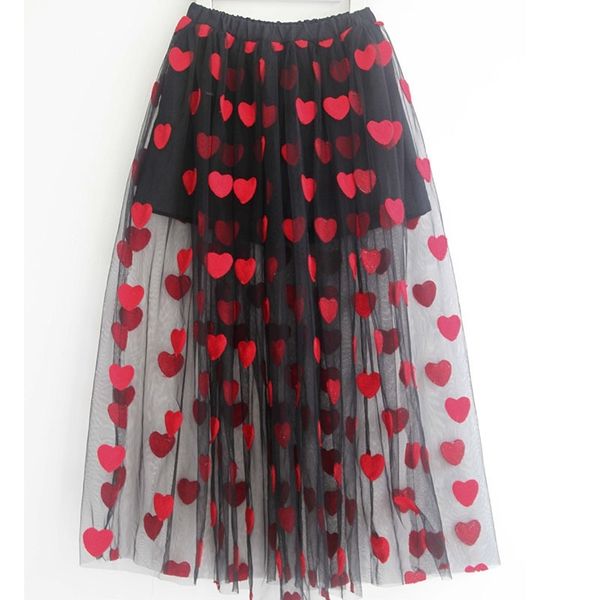 Jupe Pour Les Filles Rouge Coeur PatternAdolescent Jupe D'été Maxi Longue Maille Tulle Fille Jupes Enfants Vêtements 8 10 12 14 16 Ans 210331