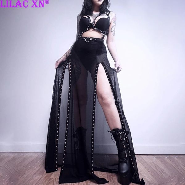 Falda gótica sexy negra ahuecada faldas largas divididas punk de harajuku cintura alta con ojales de encaje transparente para mujer faldas de moda de verano grunge