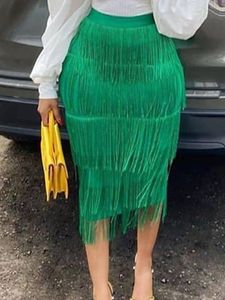 Jupe Green Fringe Bodycon Cur crayon Tassel haute taille femmes stretch gaine midi longueur dames slim Jupe saias faldas