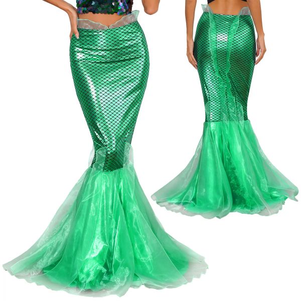 Jupe Costumes d'Halloween femmes queue de sirène habiller fête brillant métallique queue de poisson longue Maxi jupes sirène jeu de rôle robe de Cosplay