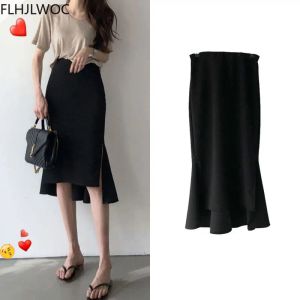 Rok Hot Sales Nieuw Design Chic Korea Mode Vrouwen Office Lady Effen Zwart Onregelmatige Hoge Taille Tuniek Lange Split Split Kokerrokken